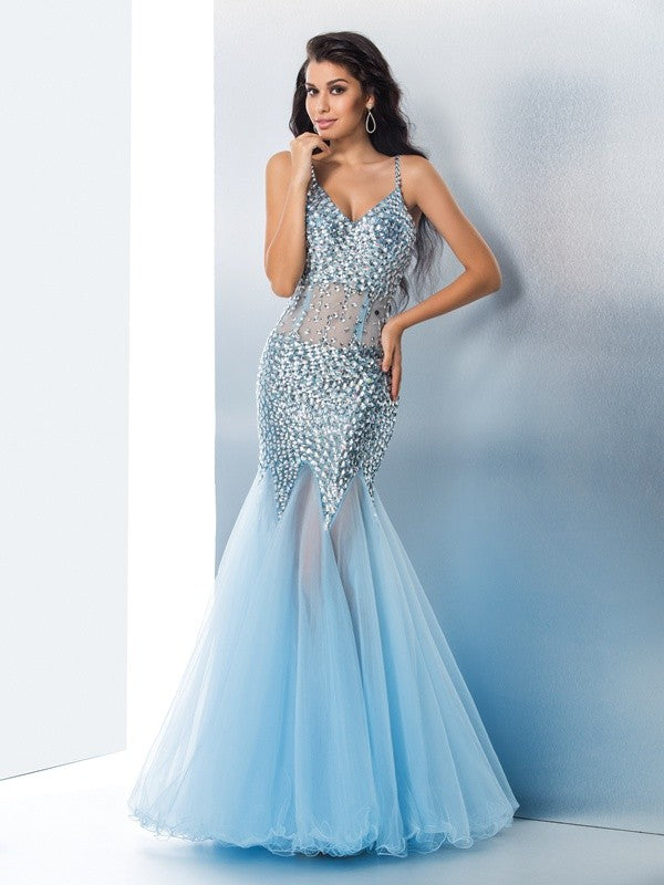 Spaghetti Straps Sequin Sleeveless Long Tulle Dresses