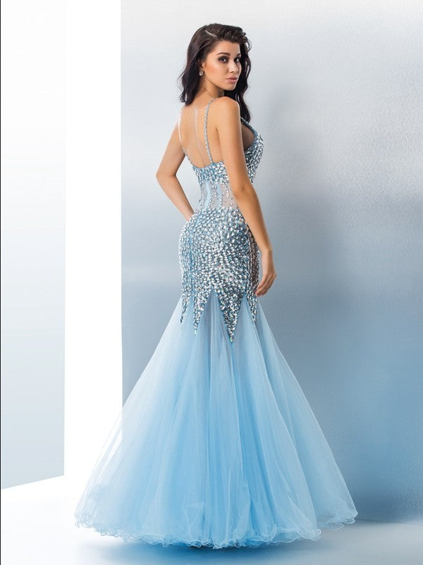 Spaghetti Straps Sequin Sleeveless Long Tulle Dresses