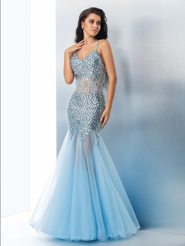 Spaghetti Straps Sequin Sleeveless Long Tulle Dresses