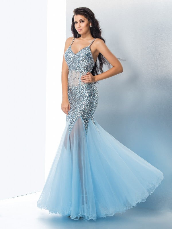 Spaghetti Straps Sequin Sleeveless Long Tulle Dresses