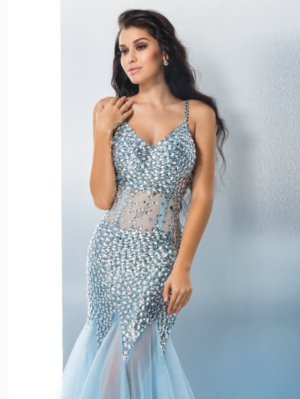 Spaghetti Straps Sequin Sleeveless Long Tulle Dresses