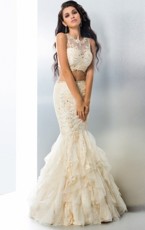 Sheer Neck Beading Sleeveless Long Tulle Two Piece Dresses