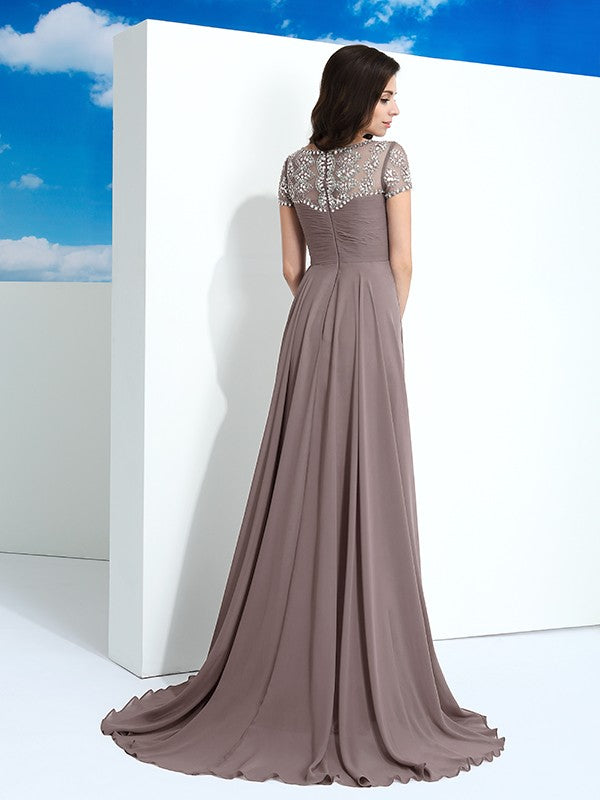 Neck Beading Short Sleeves Long Chiffon Dresses