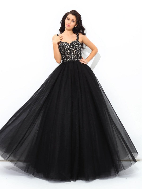 Straps Applique Sleeveless Long Net Quinceanera Dresses