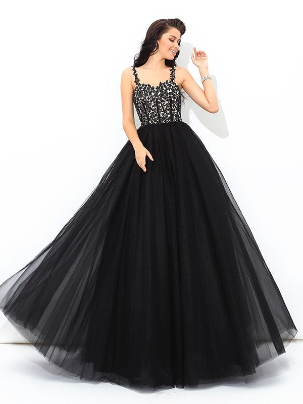 Straps Applique Sleeveless Long Net Quinceanera Dresses