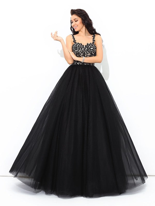 Straps Applique Sleeveless Long Net Quinceanera Dresses