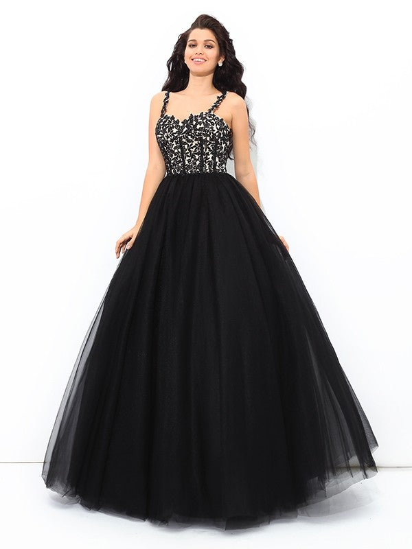 Straps Applique Sleeveless Long Net Quinceanera Dresses