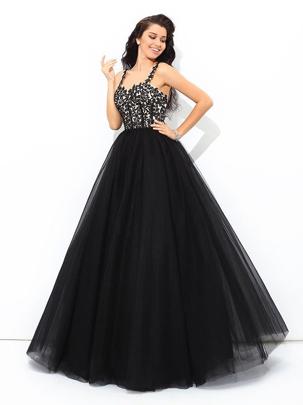 Straps Applique Sleeveless Long Net Quinceanera Dresses