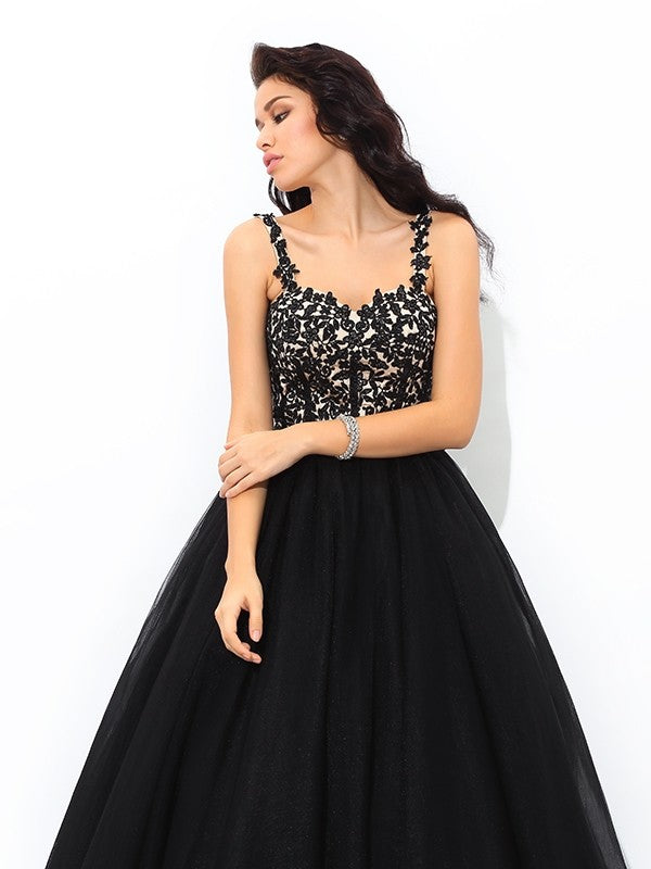 Straps Applique Sleeveless Long Net Quinceanera Dresses