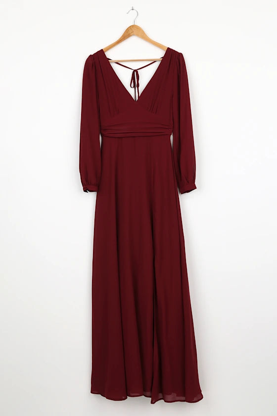 Burgundy Chiffon A-Line V-Neck V-Back with Tie Floor-Length Dress