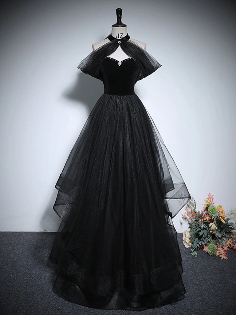 Black A-Line Tulle Long Prom Party Dresses