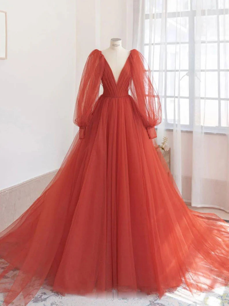 Orange v neck tulle long Evening Prom Dresses