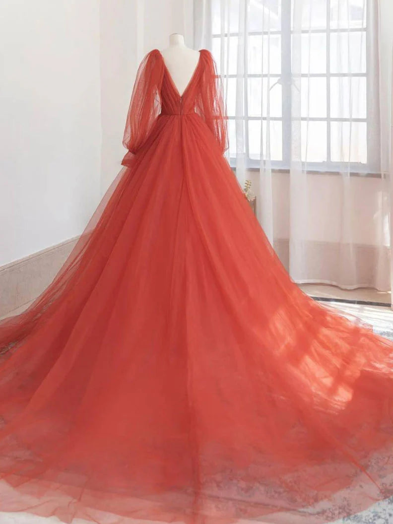 Orange v neck tulle long Evening Prom Dresses