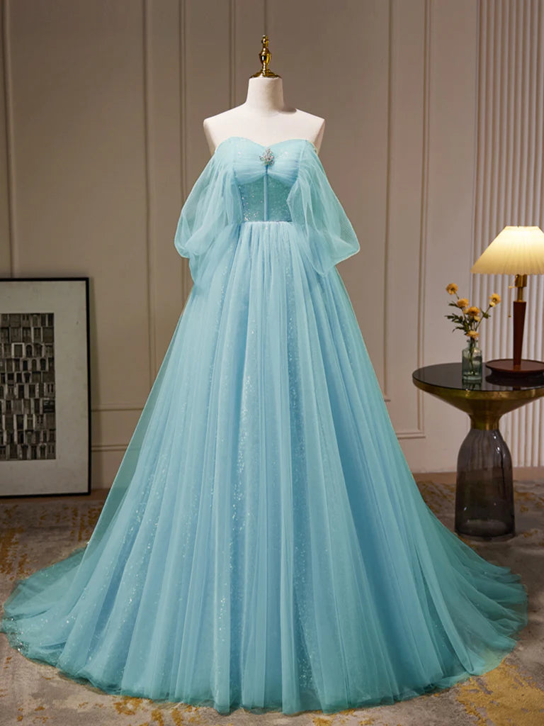 A-Line Off Shoulder Tulle Blue Long Prom Party Dresses