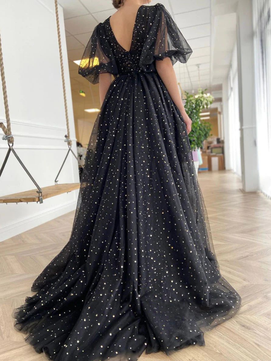 Black v neck tulle long Evening prom dress
