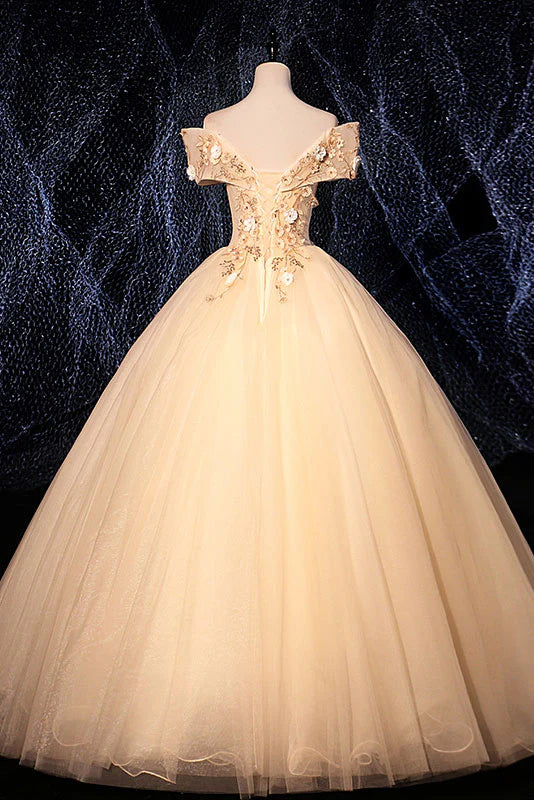 Off-the-shoulder Champagne V Neck Tulle Lace Long Evening Dress With Applique