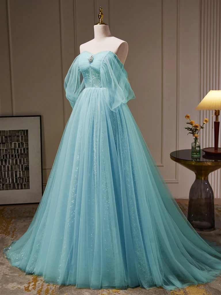 A-Line Off Shoulder Tulle Blue Long Prom Party Dresses