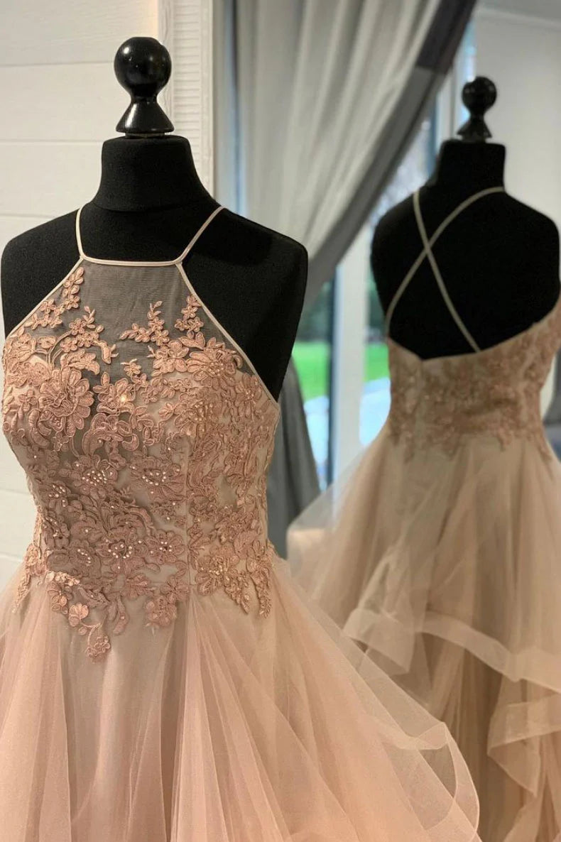 Champagne Tulle Lace Multi Layer Long Evening Dresses With Train