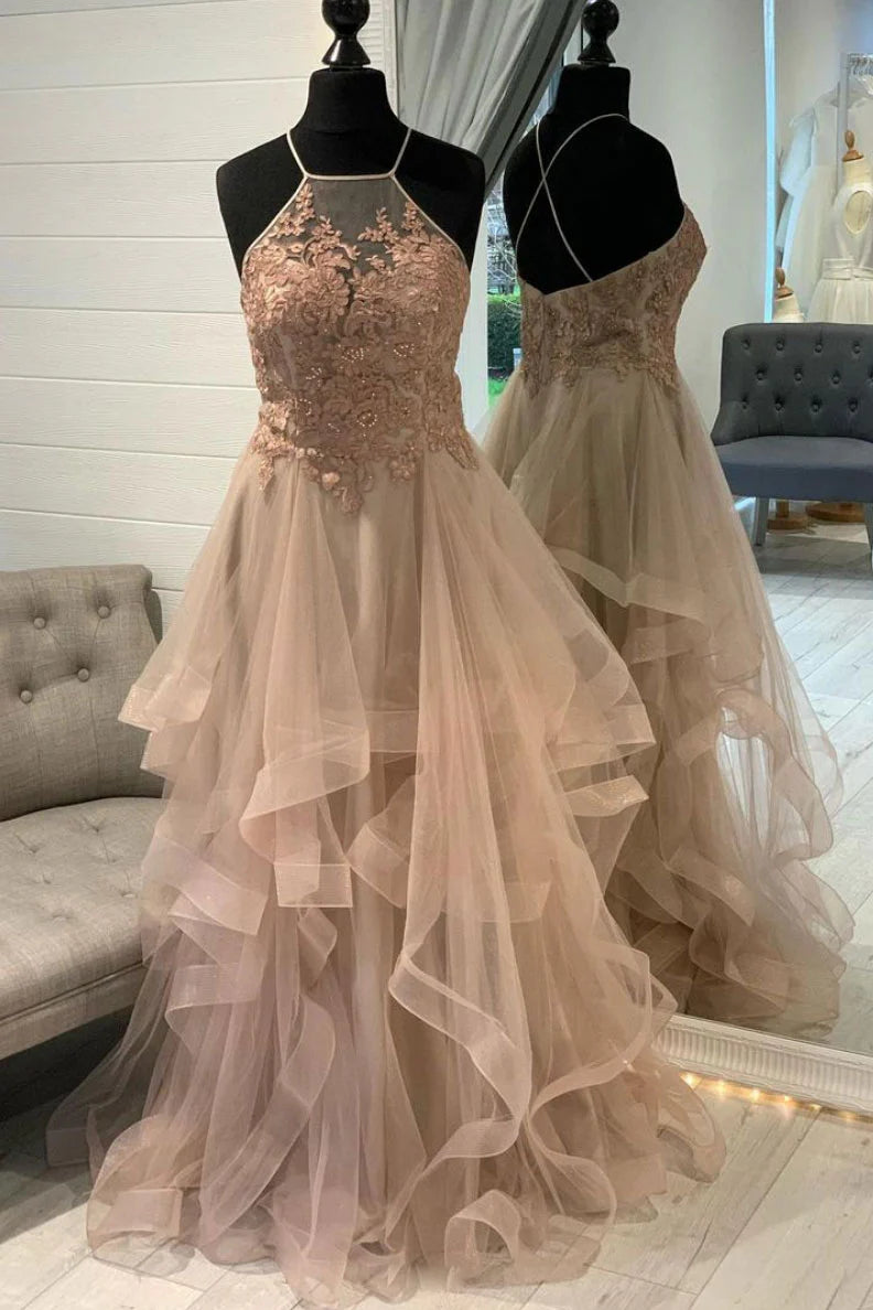 Champagne Tulle Lace Multi Layer Long Evening Dresses With Train