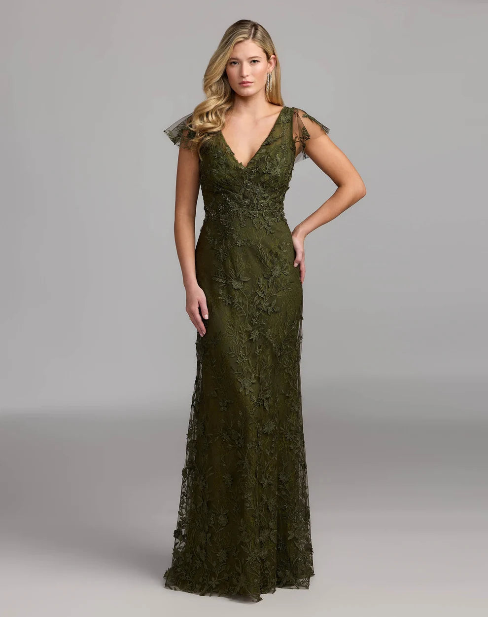 Olive Green Lace Sheath V-Neck High Back with Zipper Floor-Length Dress