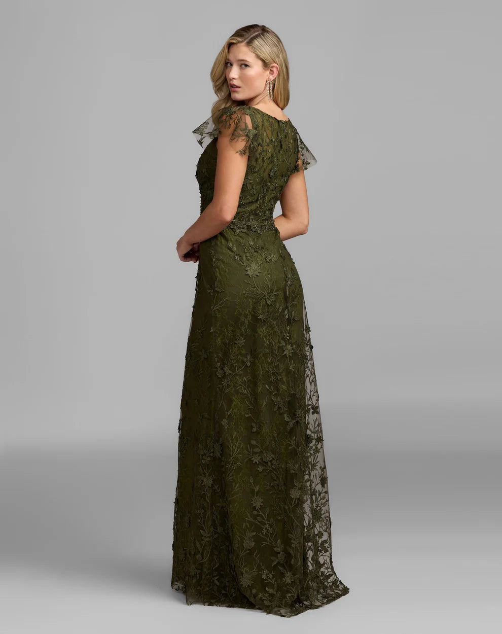 Olive Green Lace Sheath V-Neck High Back with Zipper Floor-Length Dress