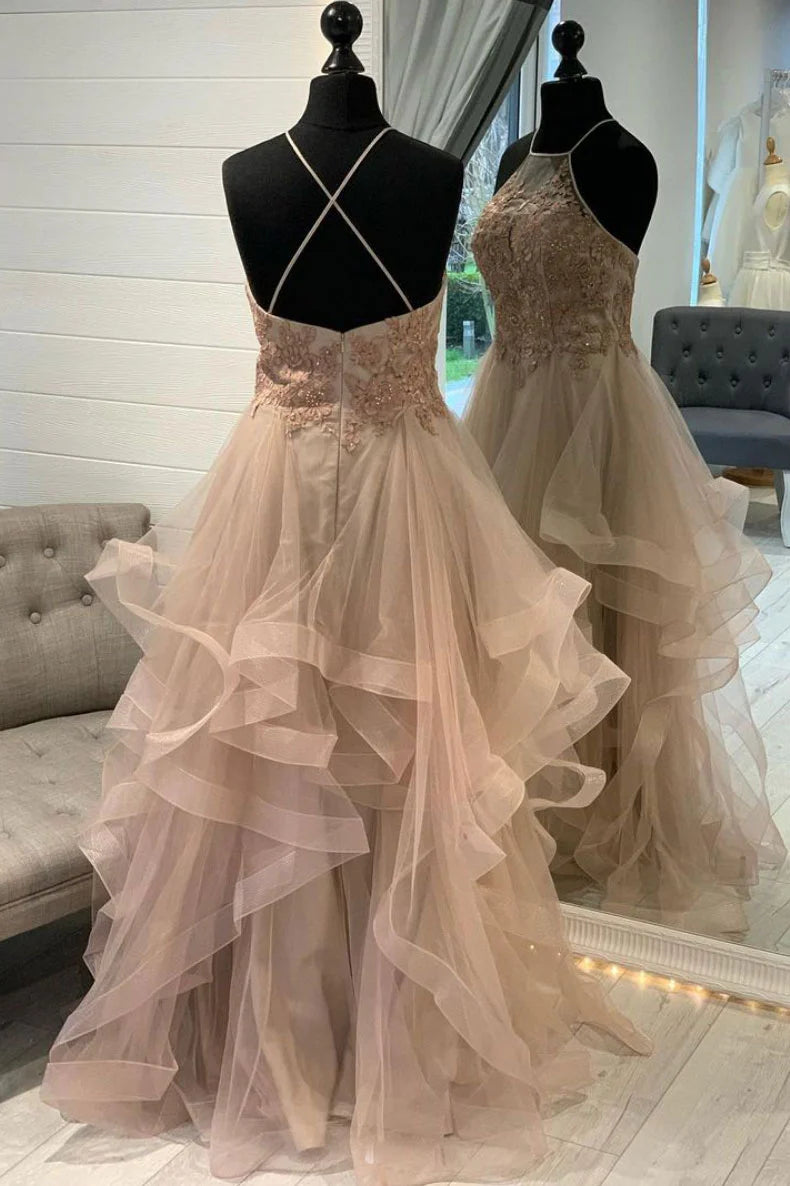 Champagne Tulle Lace Multi Layer Long Evening Dresses With Train