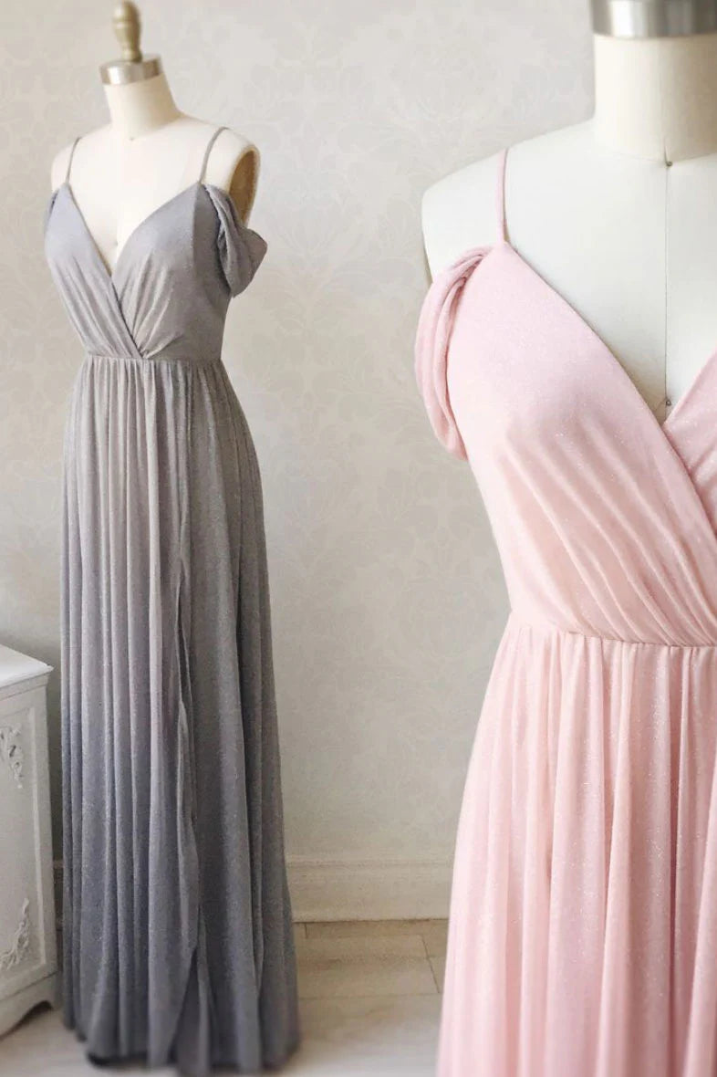 Simple v neck off shoulder pink prom Evening Dresses