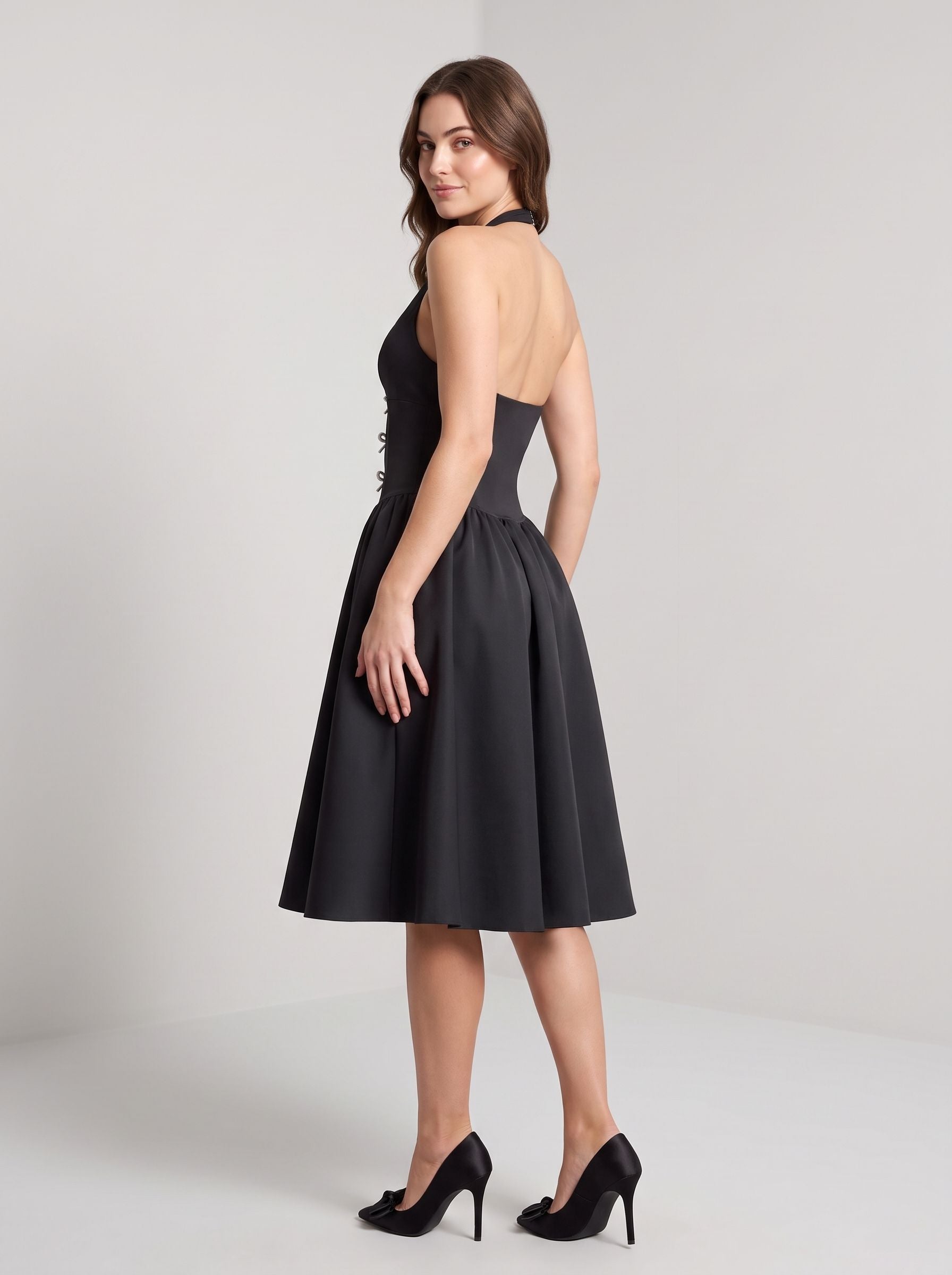 Black Satin A-Line Halter Open Back Midi Dress