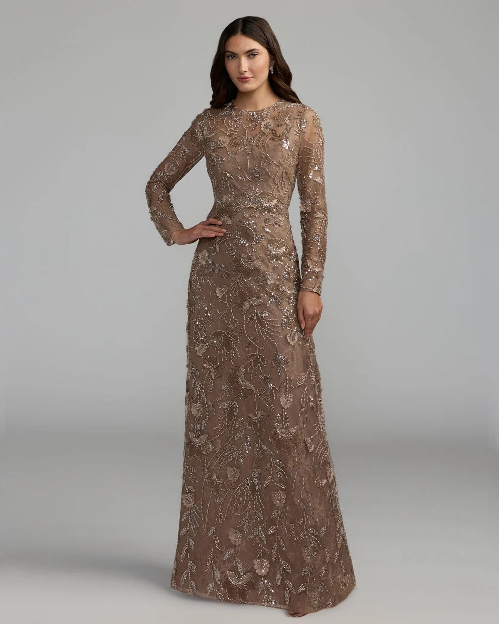 Mocha Lace with Sequins and Mesh Sheath-Column High Neck Floor Length Dress