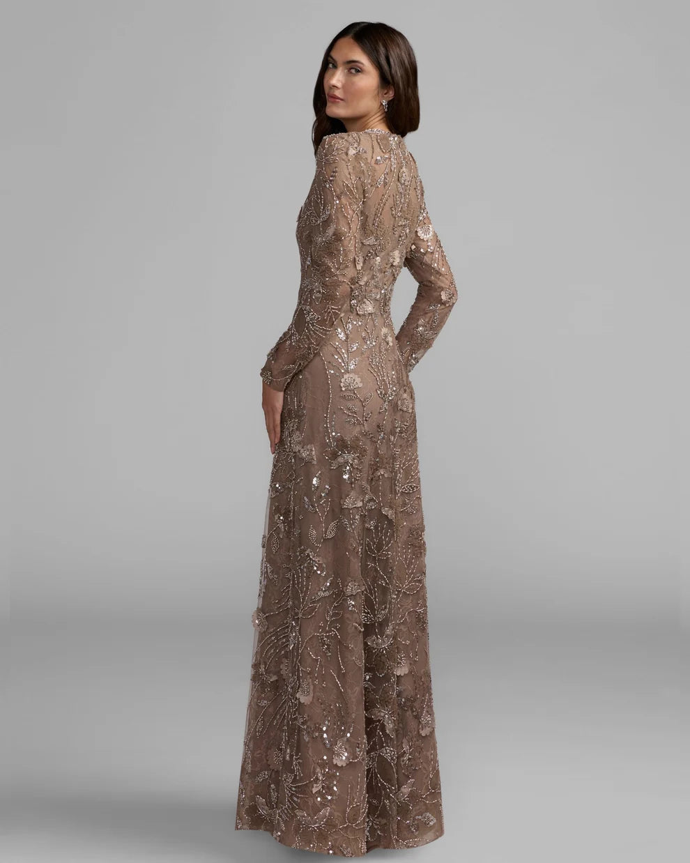 Mocha Lace with Sequins and Mesh Sheath-Column High Neck Floor Length Dress