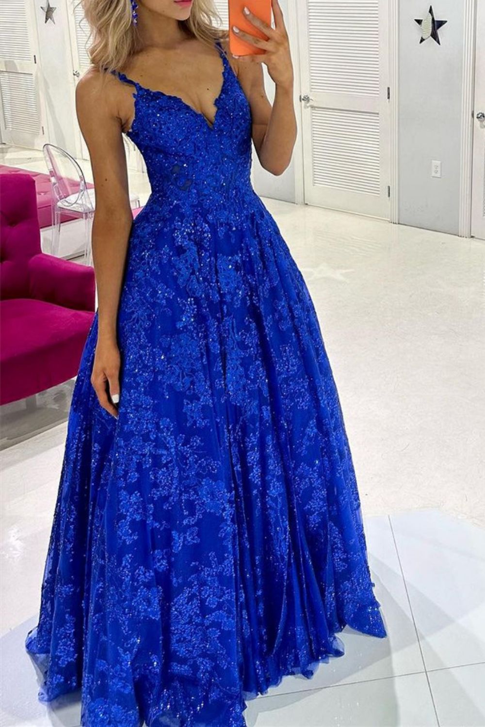 Weitese Gorgeous A Line Spaghetti Straps Royal Blue Long Prom Dress with Appliques