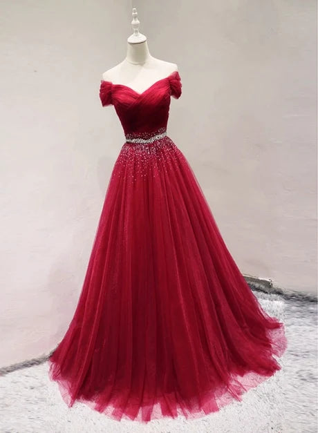 Romantic A-line Off Shoulder Beaded Lace Up Tulle Long Prom Dress