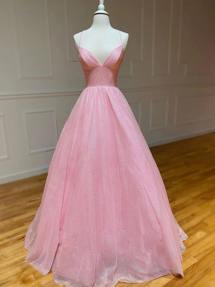 Robe de bal longue rose en tulle à col en V et coupe trapèze