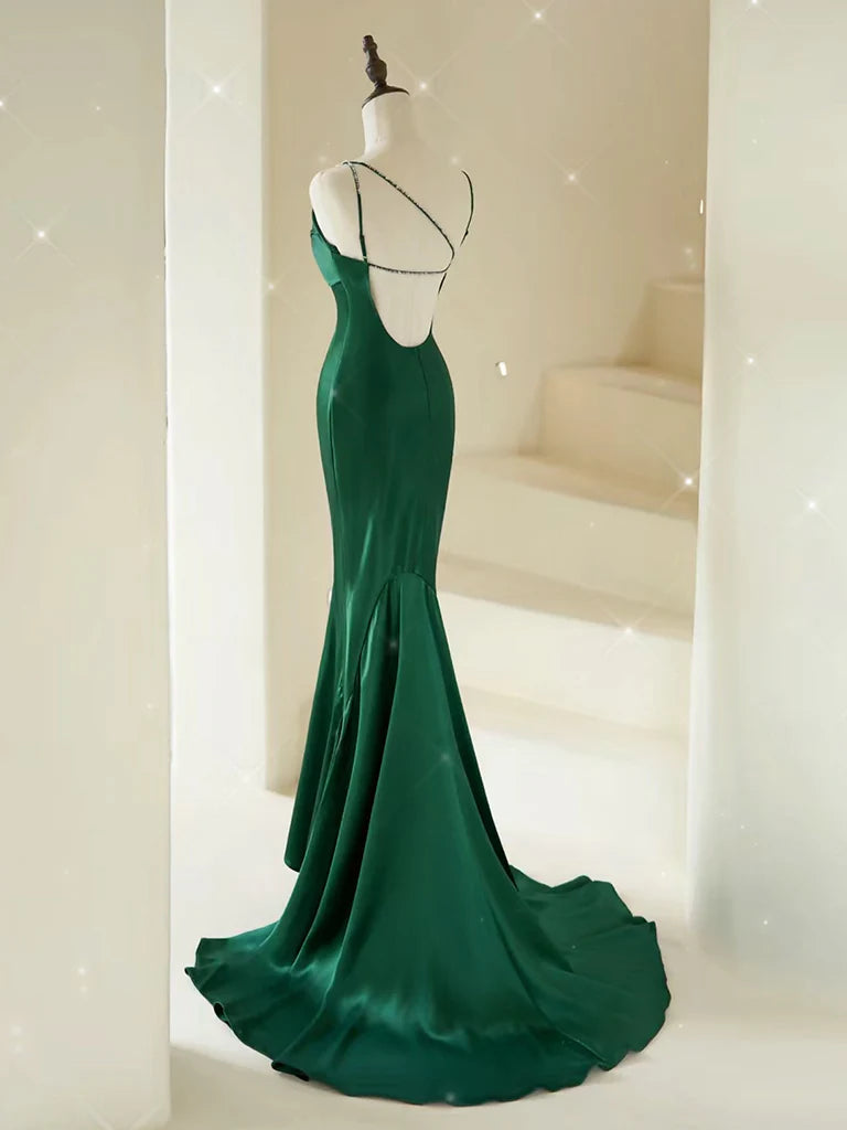 Mermaid V Neck Satin Green Long Prom Party Dresses