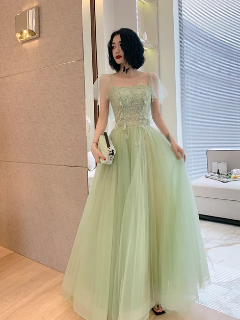 Sage Green Lace Tulle A Line Prom Dress Sheer Flutter Strap 3D Floral Bodice