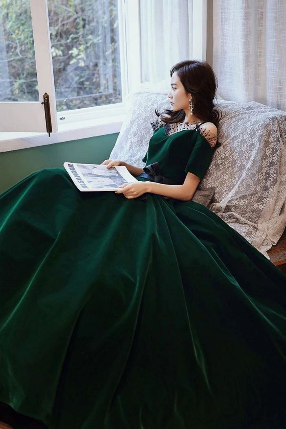 Weitese Charming A Line Off the Shoulder Dark Green Long Prom Dress with Bowknot