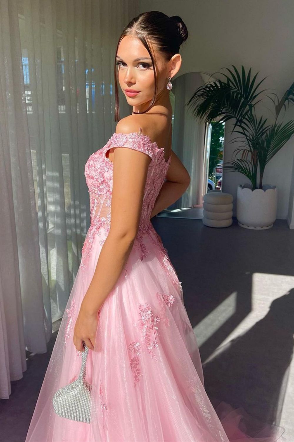 Weitese Charming A Line Off the Shoulder Pink Long Prom Dress with Appliques