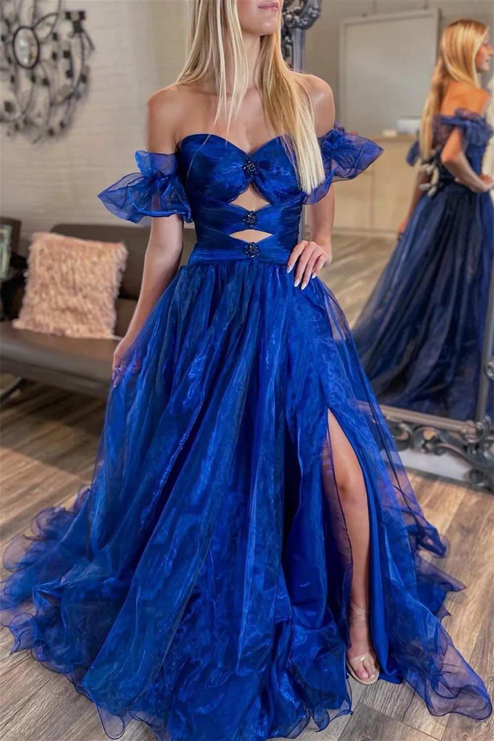 Weitese Trendy A Line Off the Shoulder Royal Blue Long Prom Dress with Keyhole
