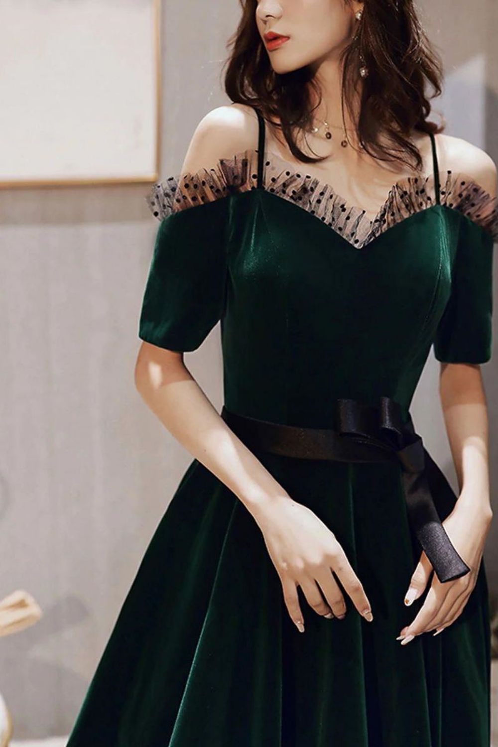 Weitese Charming A Line Off the Shoulder Dark Green Long Prom Dress with Bowknot