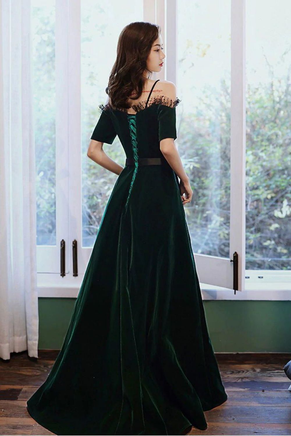 Weitese Charming A Line Off the Shoulder Dark Green Long Prom Dress with Bowknot