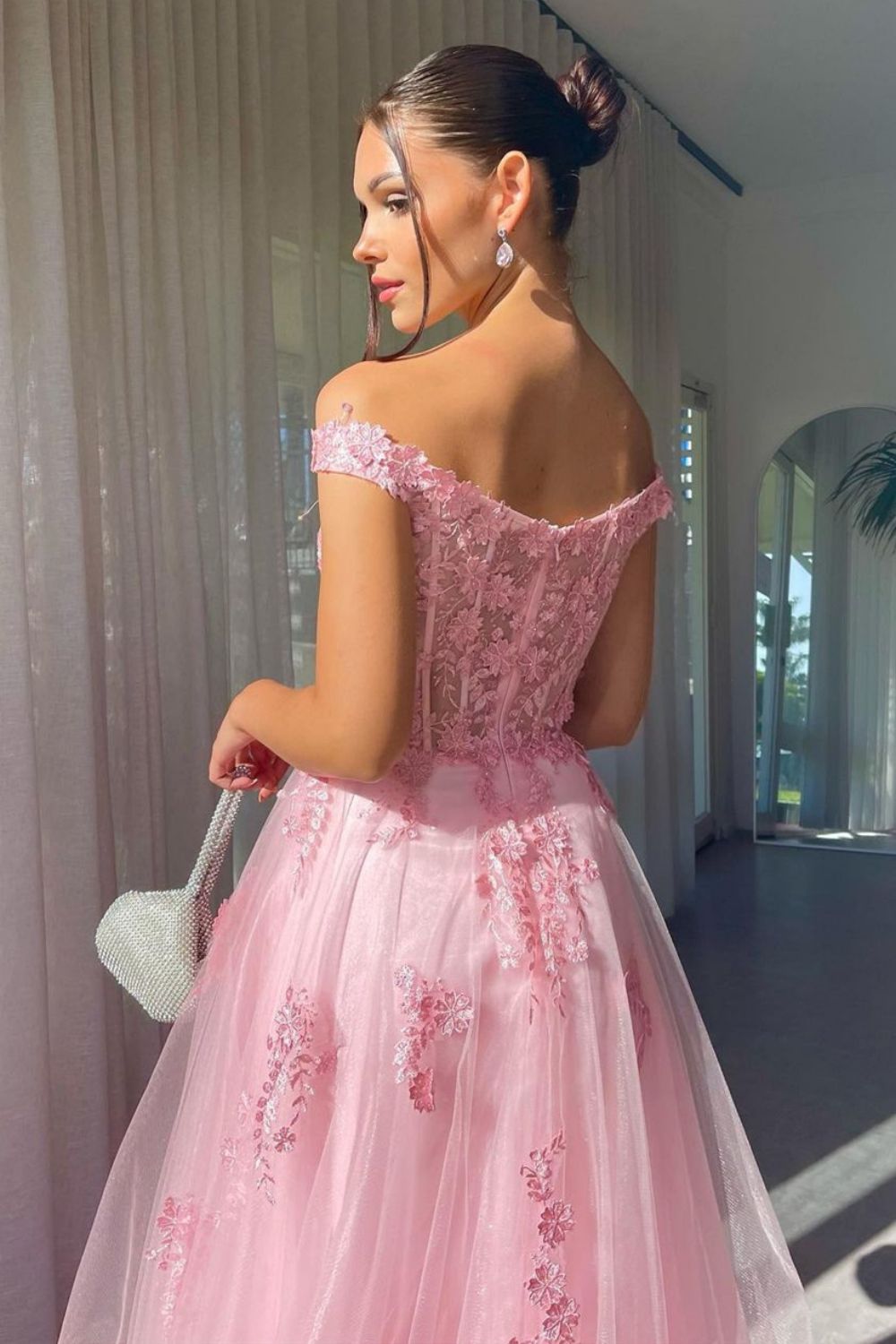 Weitese Charming A Line Off the Shoulder Pink Long Prom Dress with Appliques