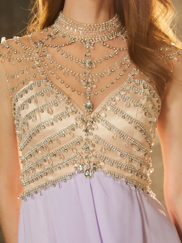 High Neck Sleeveless Sweep/Brush Train Crystal Chiffon Dresses