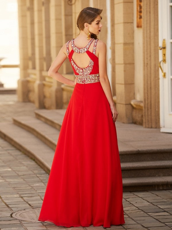 Scoop Beading Sleeveless Floor-length Chiffon Dresses