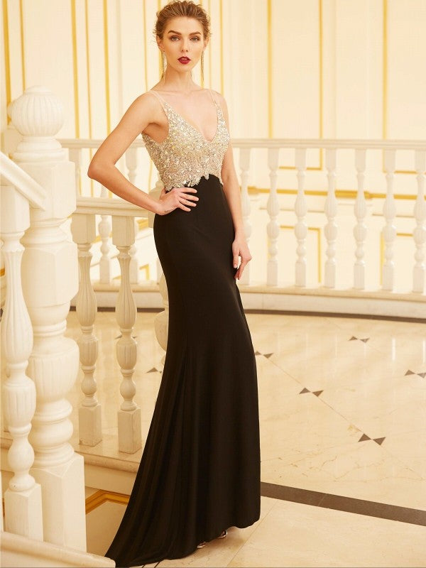 V-neck Beading Sleeveless Sweep/Brush Train Spandex Dresses