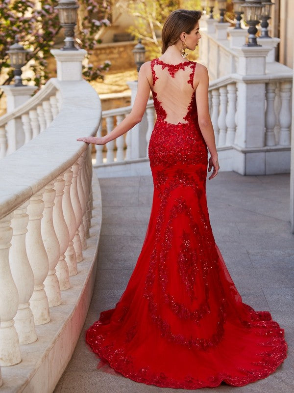 Sheer Neck Sleeveless Sweep/Brush Train Applique Tulle Dresses