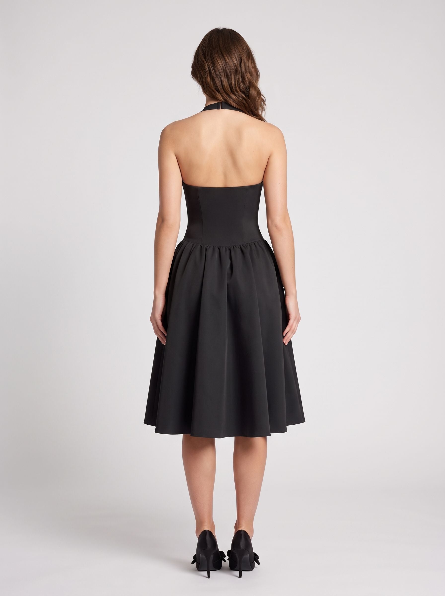 Black Satin A-Line Halter Open Back Midi Dress