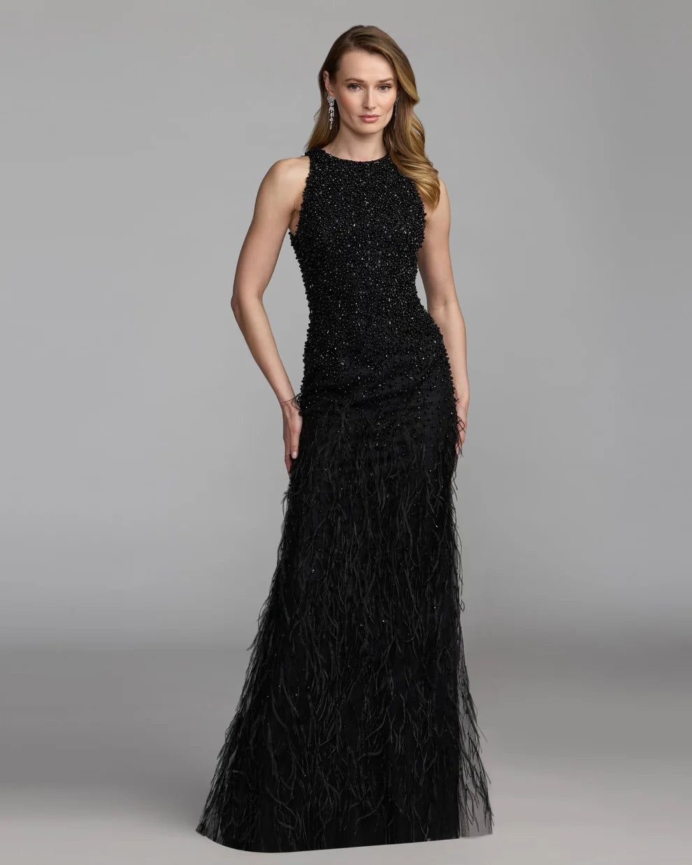 Black Beaded Mesh with Feathers Sheath High Neck Floor-Length Dress