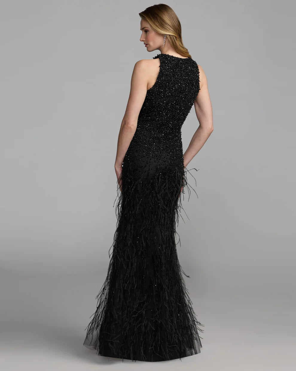 Black Beaded Mesh with Feathers Sheath High Neck Floor-Length Dress