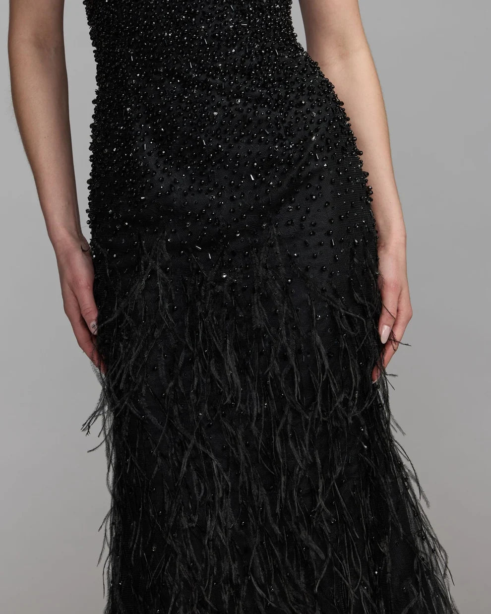 Black Beaded Mesh with Feathers Sheath High Neck Floor-Length Dress
