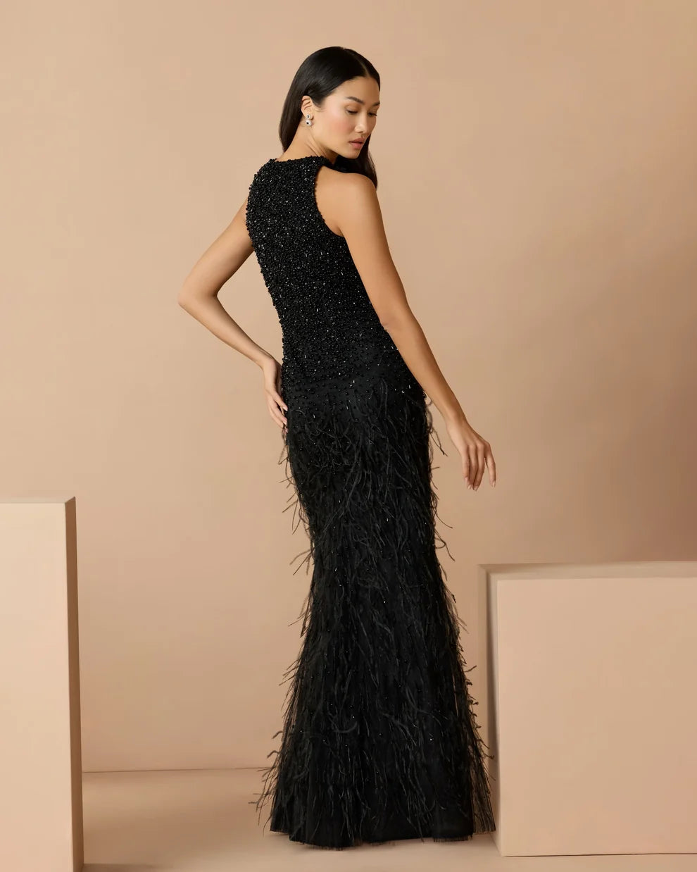Black Beaded Mesh with Feathers Sheath High Neck Floor-Length Dress